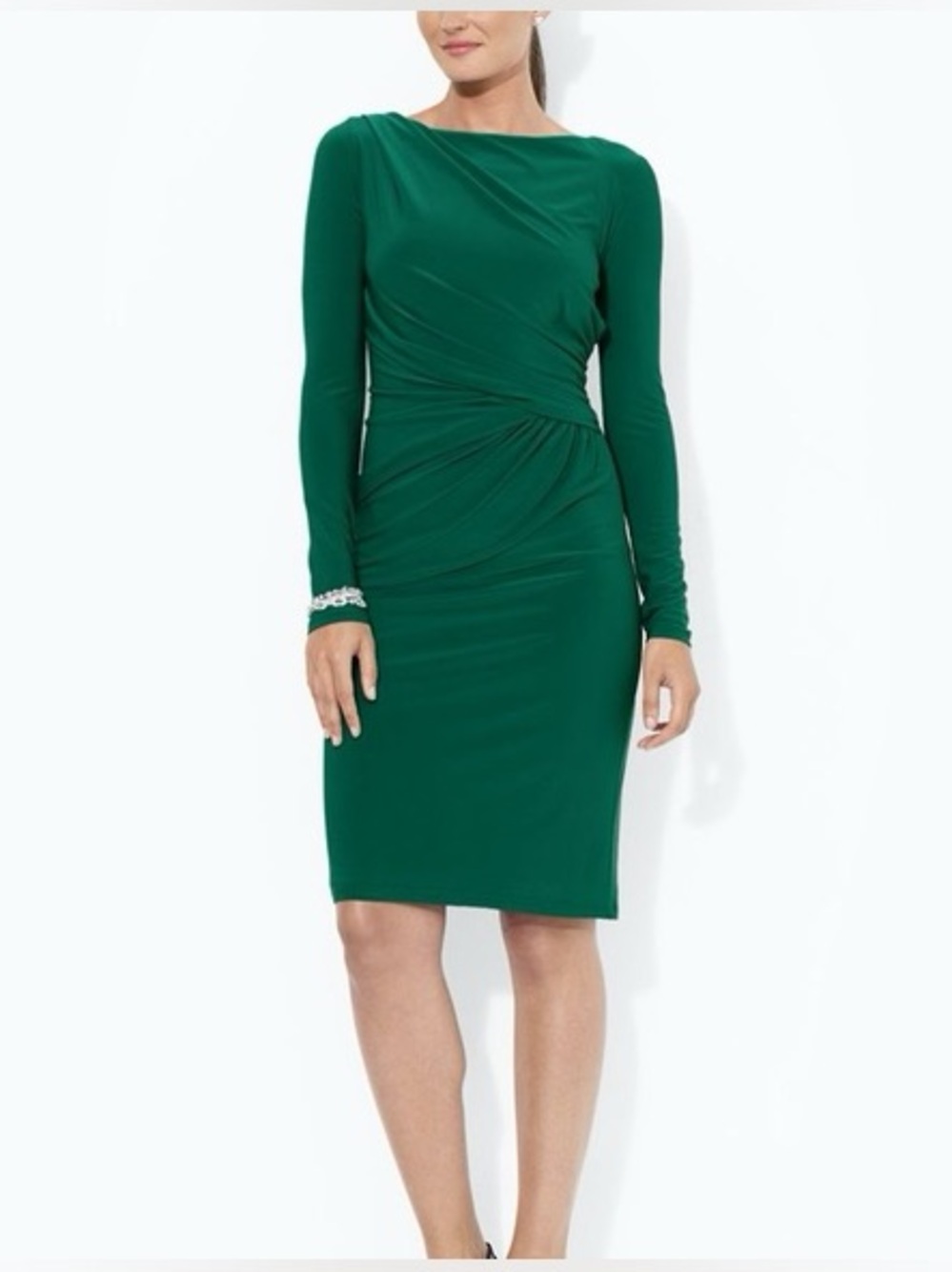 LAUREN Ralph Lauren Matte Jersey Long Sleeve Dress Size 14 Hunter Forest Green